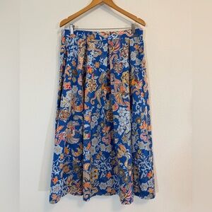 J McLaughlin Skirt 14 Midi Maxi Blue Floral Full Travel Pleated Long Pockets